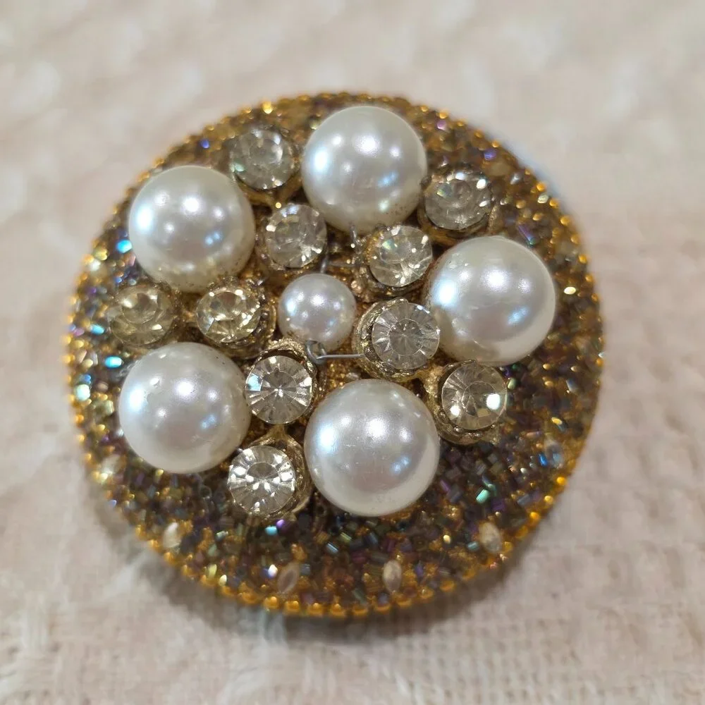 Vintage Gold Bead Pearl & Rhinestone Encrusted Metal Trinket Gift Vanity Box